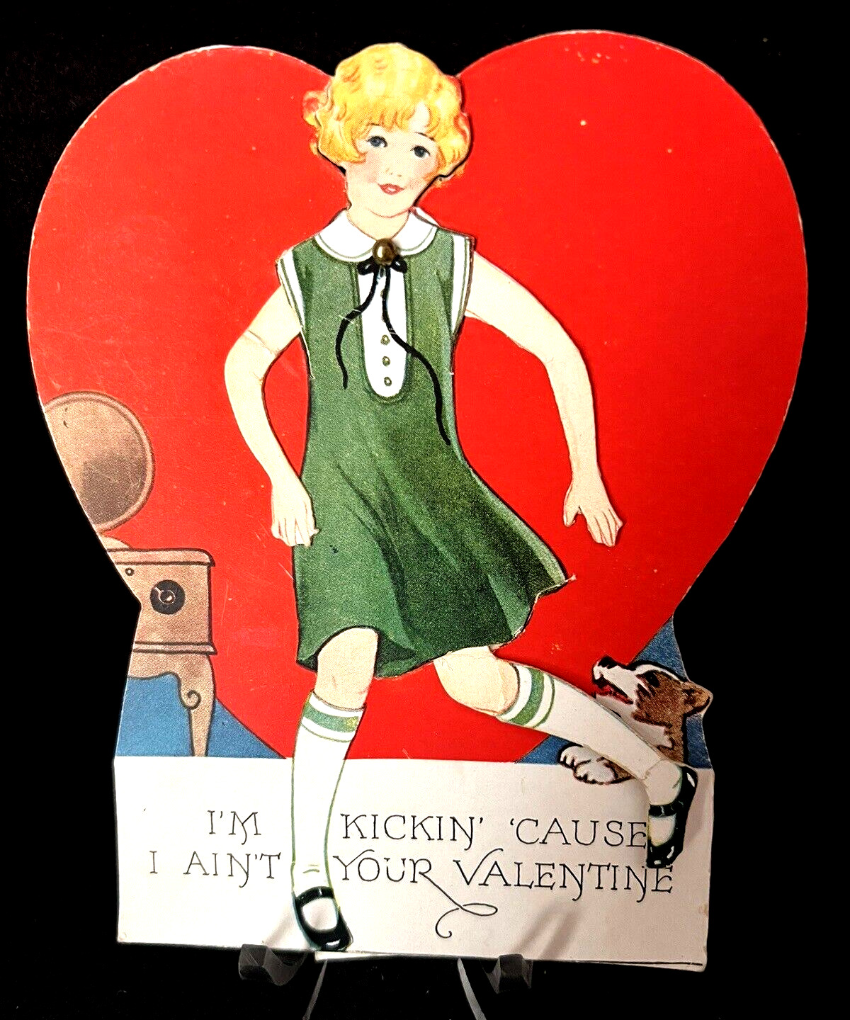 Antique Valentine Card, Mechanical - Girl Kicking her Leg   Carrington Co.