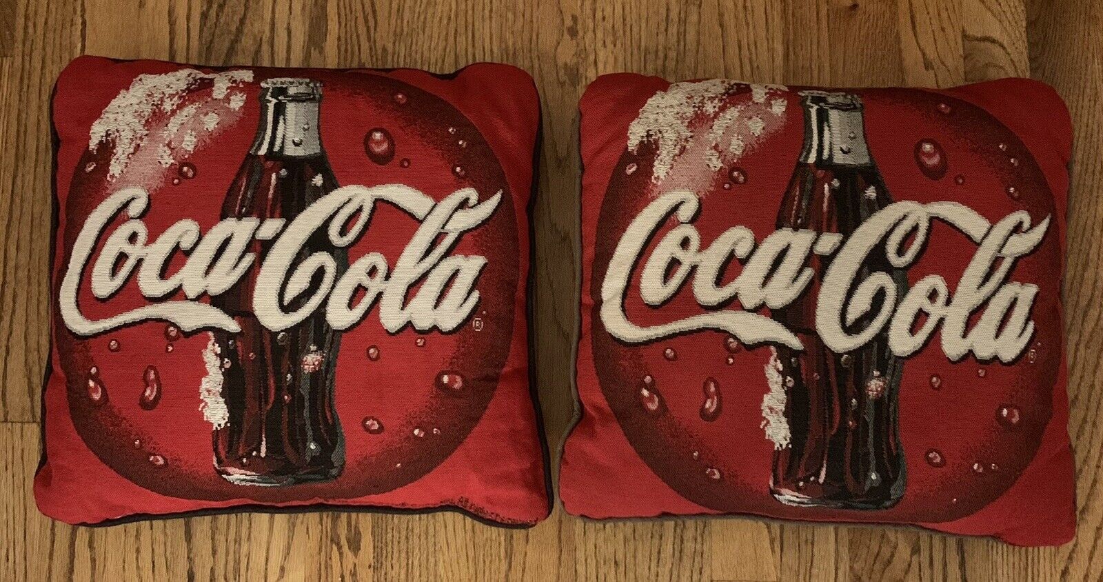 Vintage Coca-Cola Coke Bottle Bubbles Retro Red Tapestry 2 Throw Pillows Set 16”