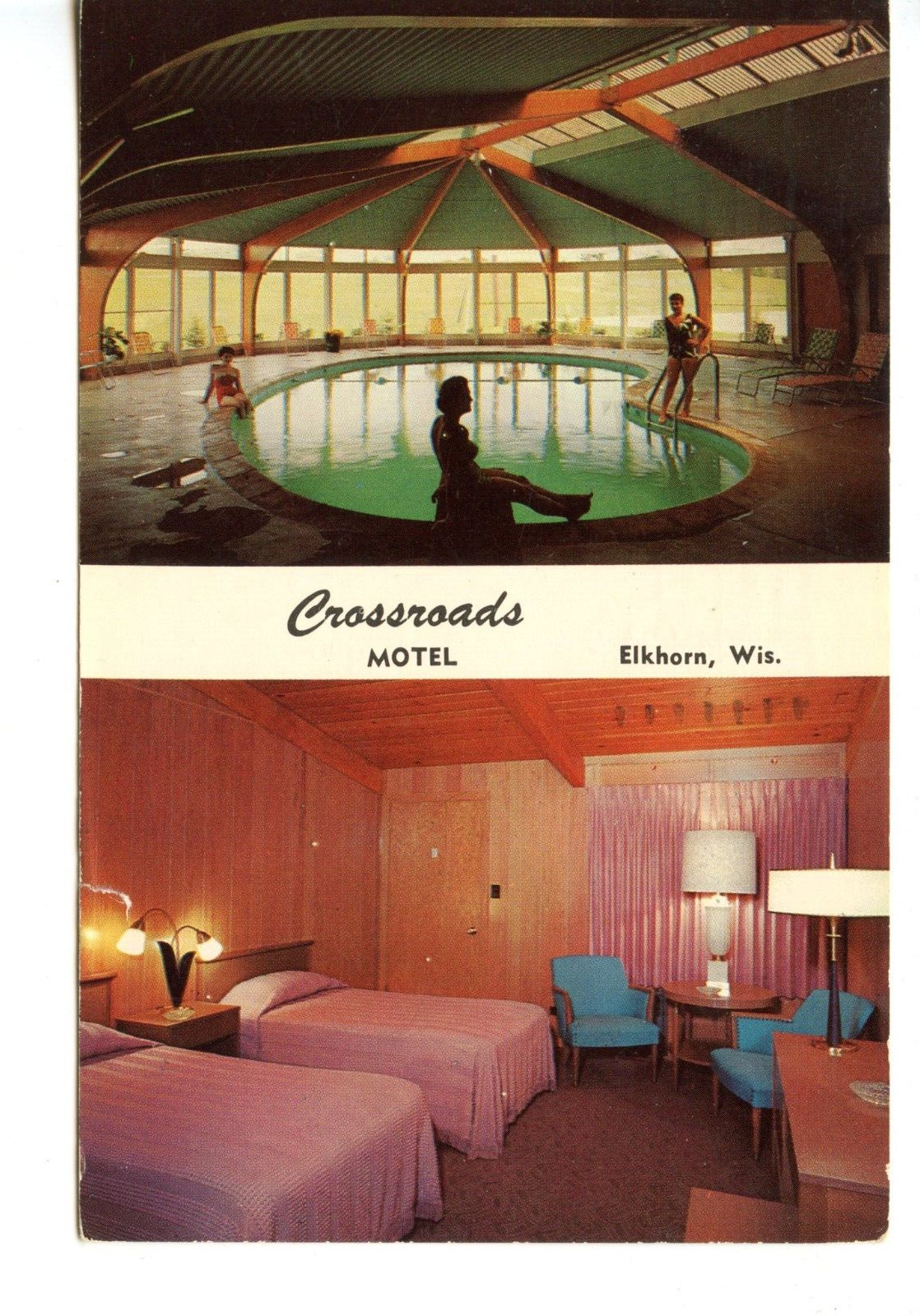 Guest Room-Pool-Crossroads Motel-Elkhorn-Wisconsin-Vintage 1960 Adv Postcard