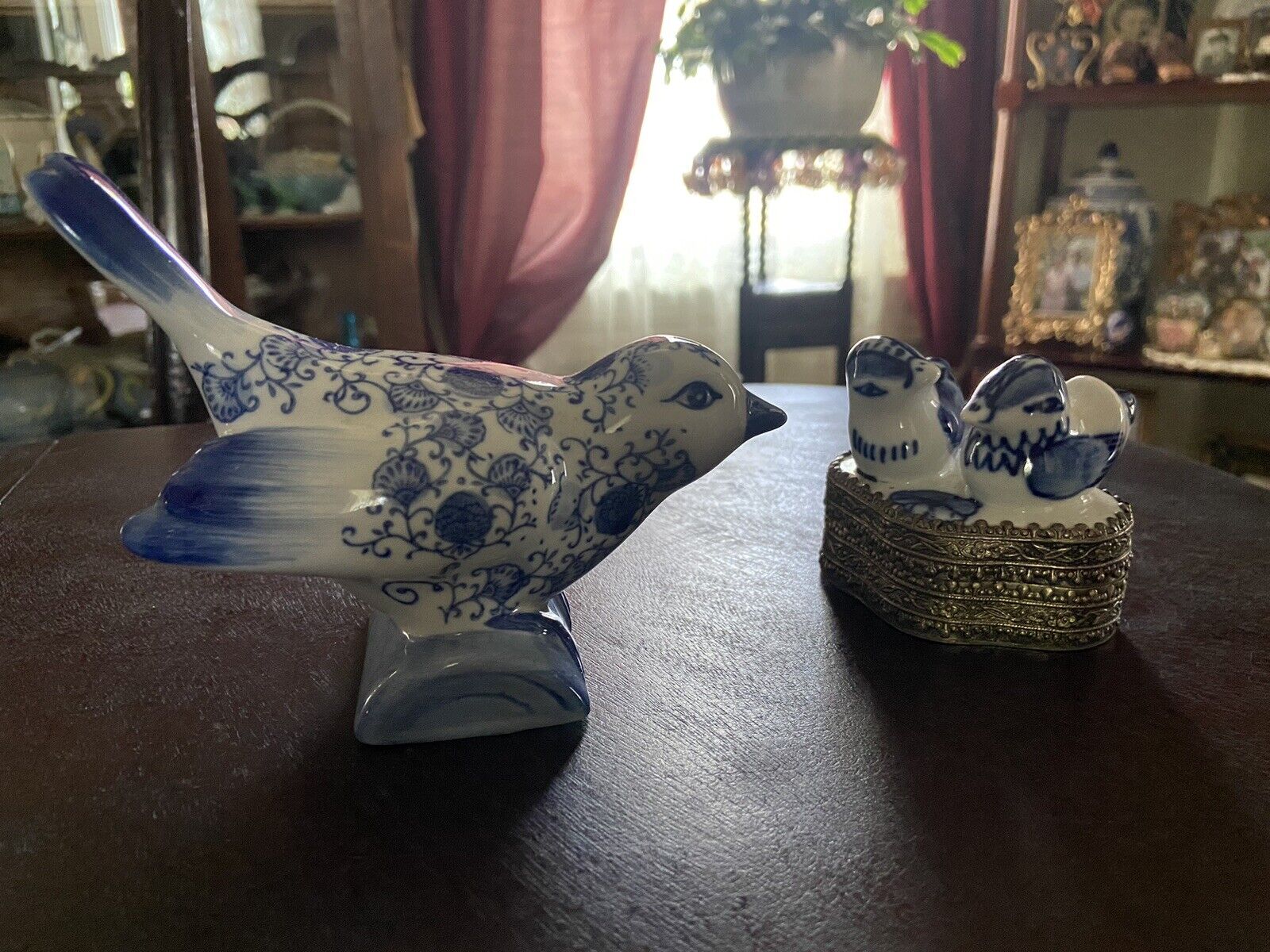 Vintage Bombay Company Blue & White Porcelain Bird Figurine with Babies Box