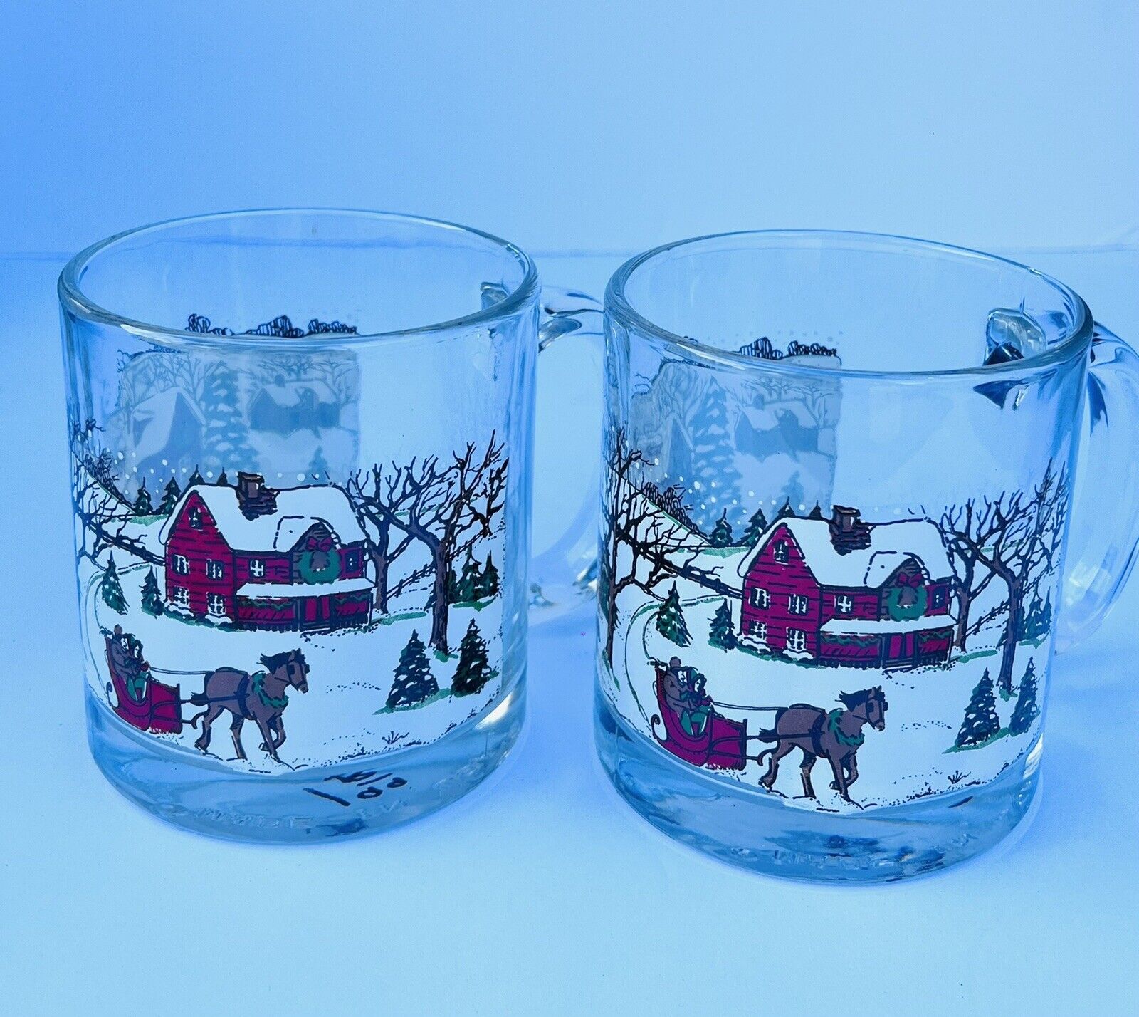 2 Vintage Libbey Coffee Mugs Cups Winter  Village Snow Scene Horse Sleigh Glass