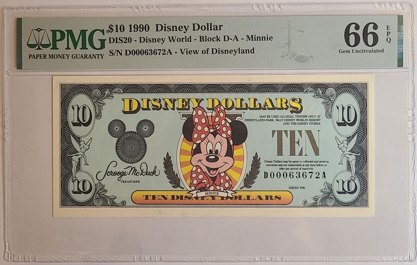 1990 DA Series $10 Minnie Disney Dollar - PMG 66 EPQ