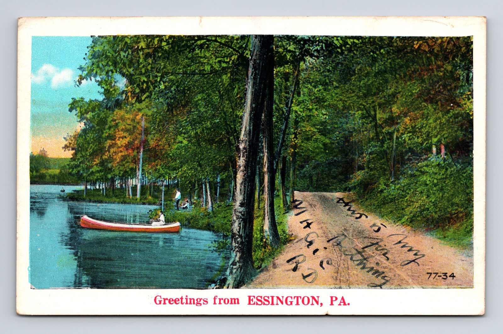 c1935 WB Postcard Essington PA Pennsylvania Greetings Lake View Canoe