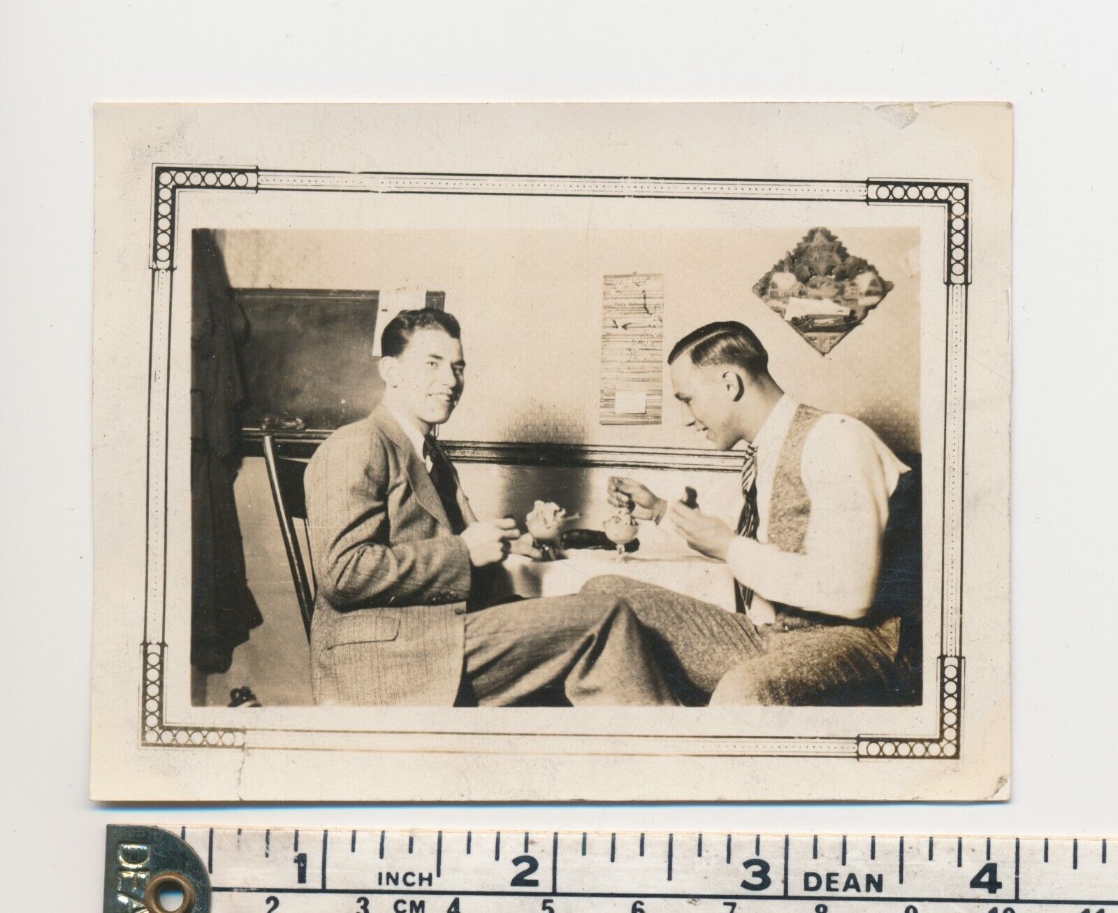 Vintage 1930s Snapshot Photo Two Men Eating Ice Cream Sundaes