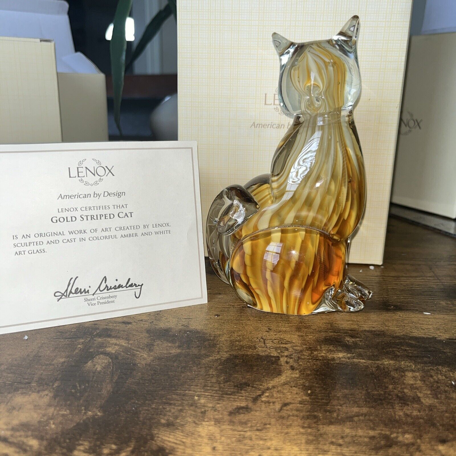 Lenox Glass Amber Art Gold Striped Cat Figurine