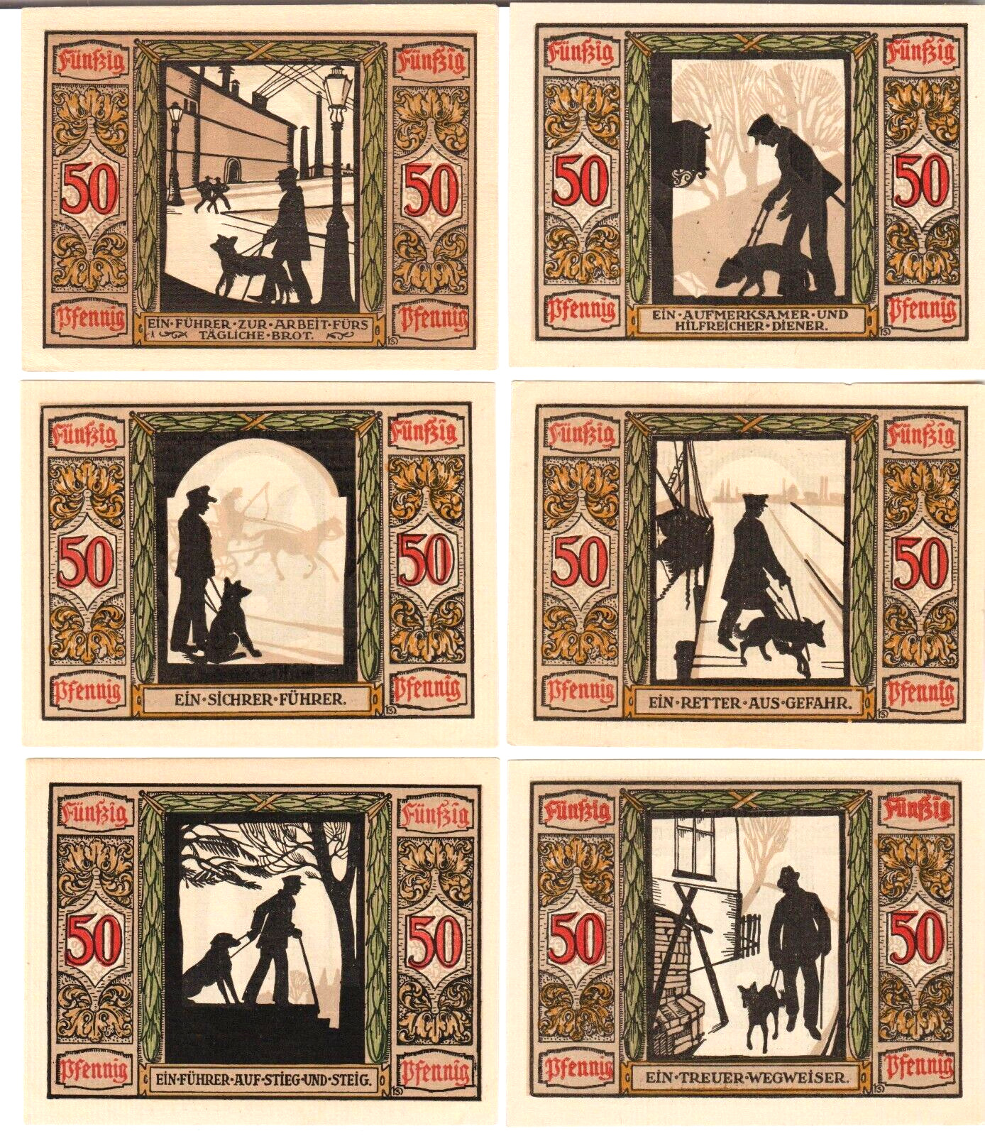 1921 German Paper Money Set with German Shepherds for the War Blind