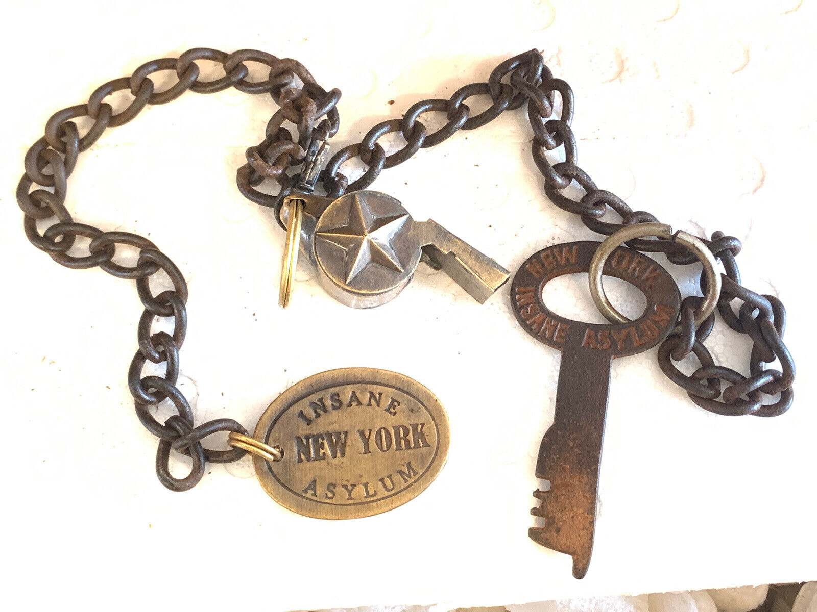 New York Insane Asylum Guard Iron Cell Key, Tag & Solid Brass Whistle  