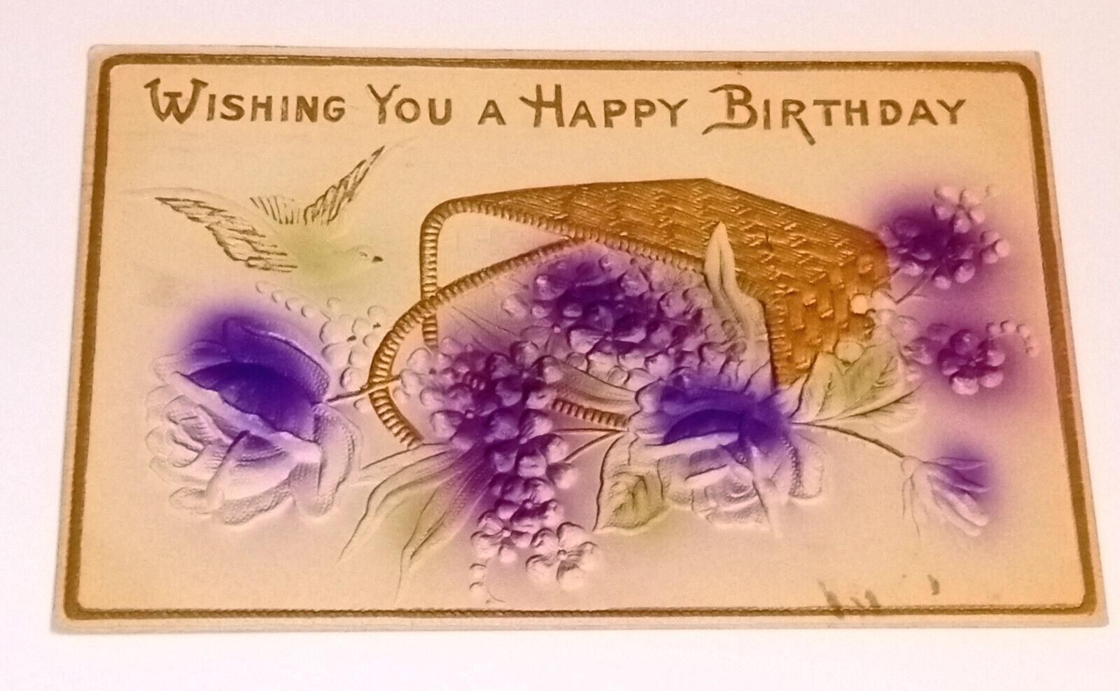 Birthday Postcard Purple Flowers Dove Embossed c1910 FORT MADISON IA