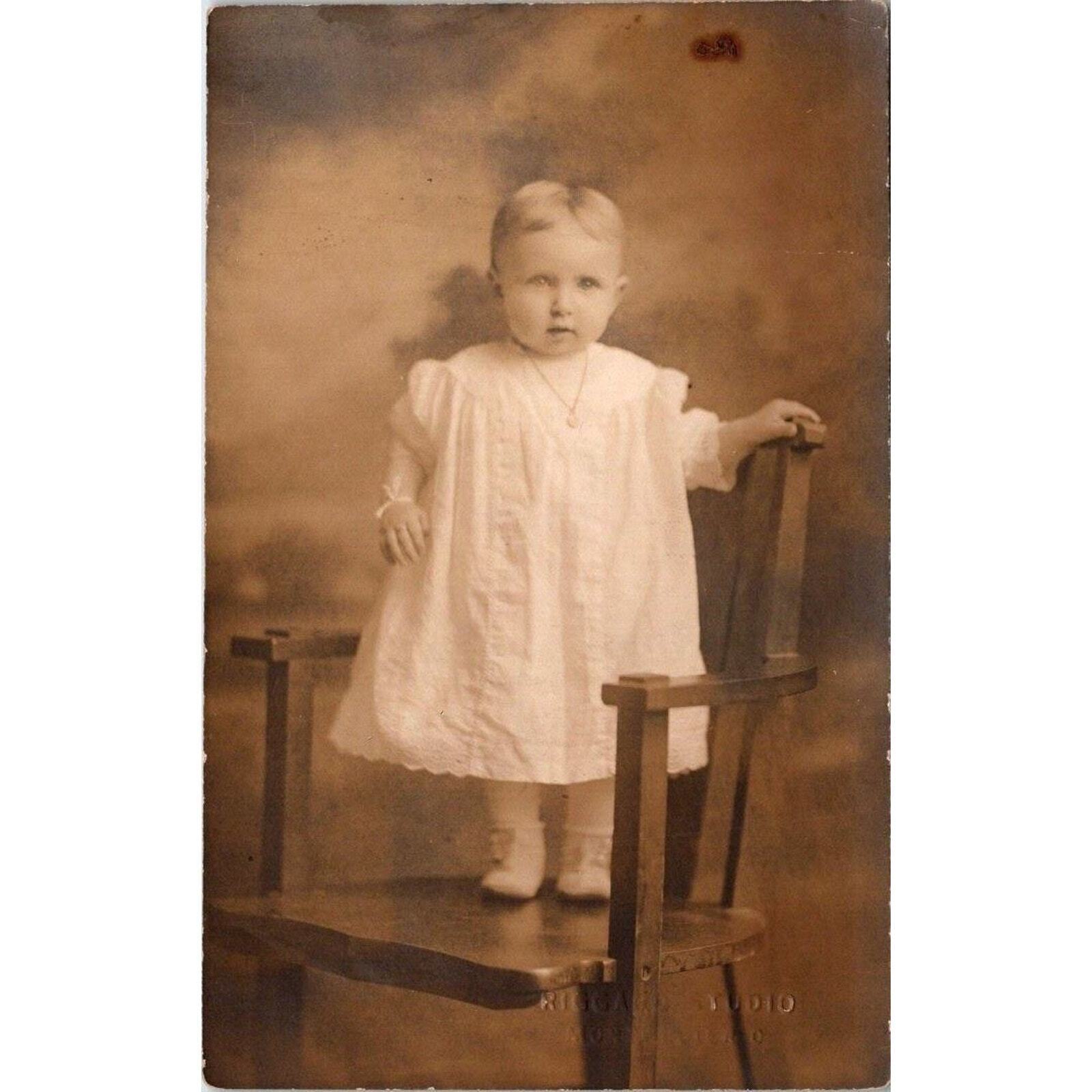 RPPC Darling Girl Standing on Chair Necklace Dress Vintage Real Photo Postcard