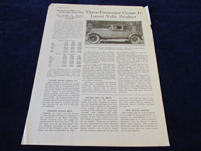 Vintage Original 1925 Latest Velie 3 Passenger Coupe Car Article Q916