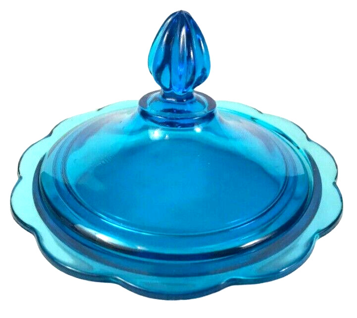 Vintage Blue Art Glass Covered Candy Dish Air Bubbles Scalloped Edge  MCM 