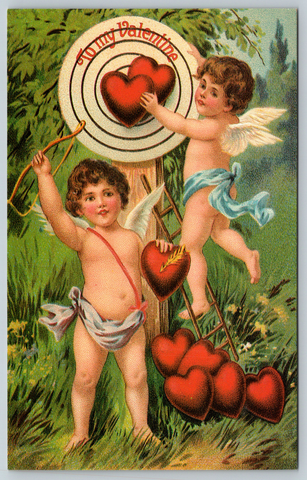 c1960s To My Valentine Decor Cupid Target Hearts Vintage Postcard