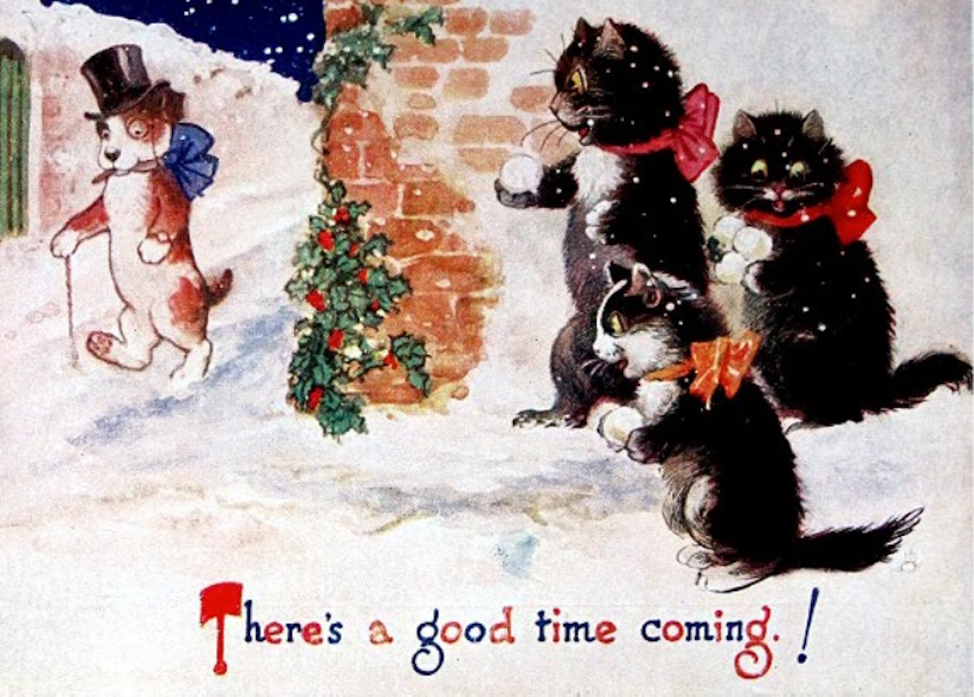 Repro Winter Postcard: Cats Throw Snowballs at Well Dressed Dog 