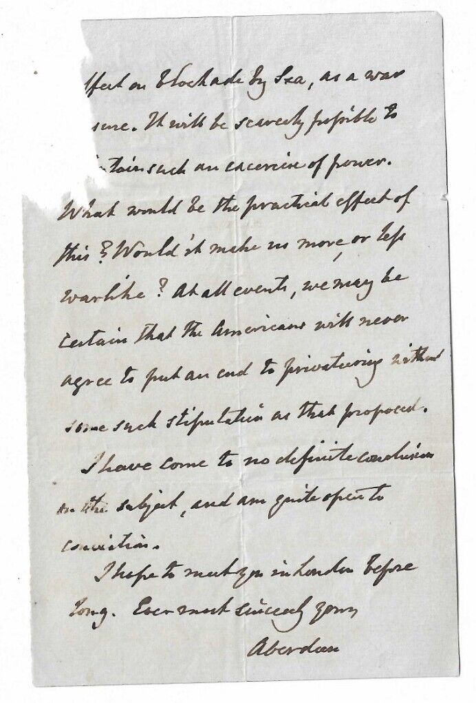 Lord Aberdeen Signed Letter American Privateers George Hamilton-Gordon Earl