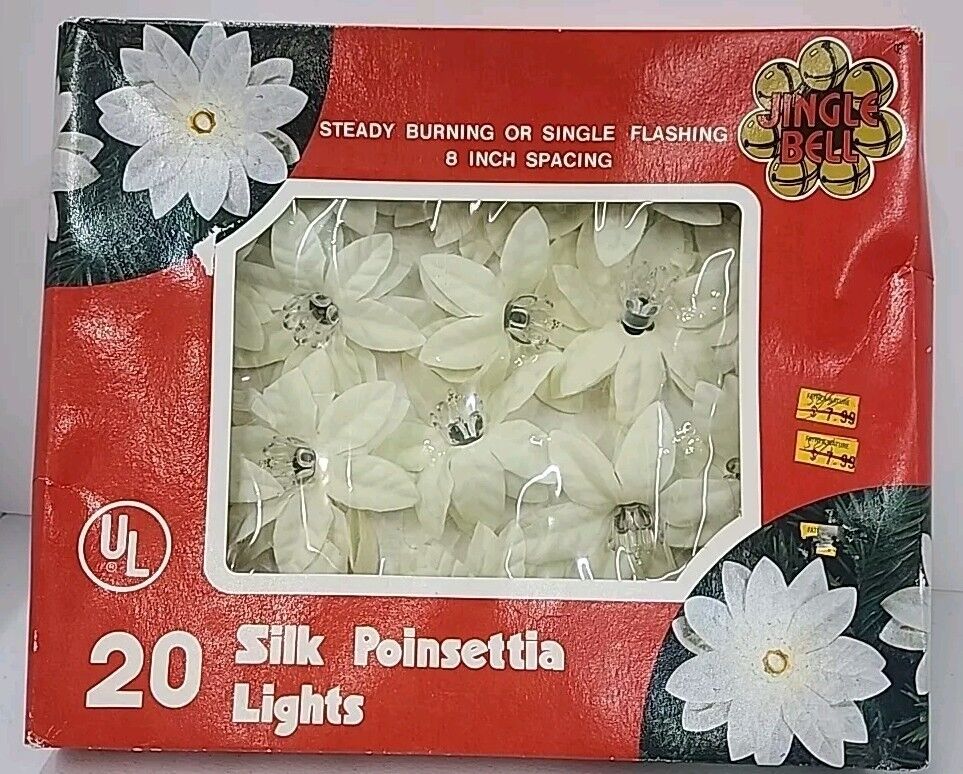 Vtg Jingle Bell Silk White Poinsettia w/ Clear Reflectors String 20 Lights NOS