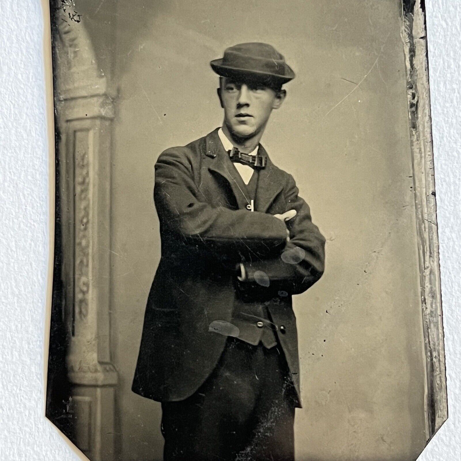 Antique Tintype Photograph Charming Young Man Great Unique Pose Confident Lean