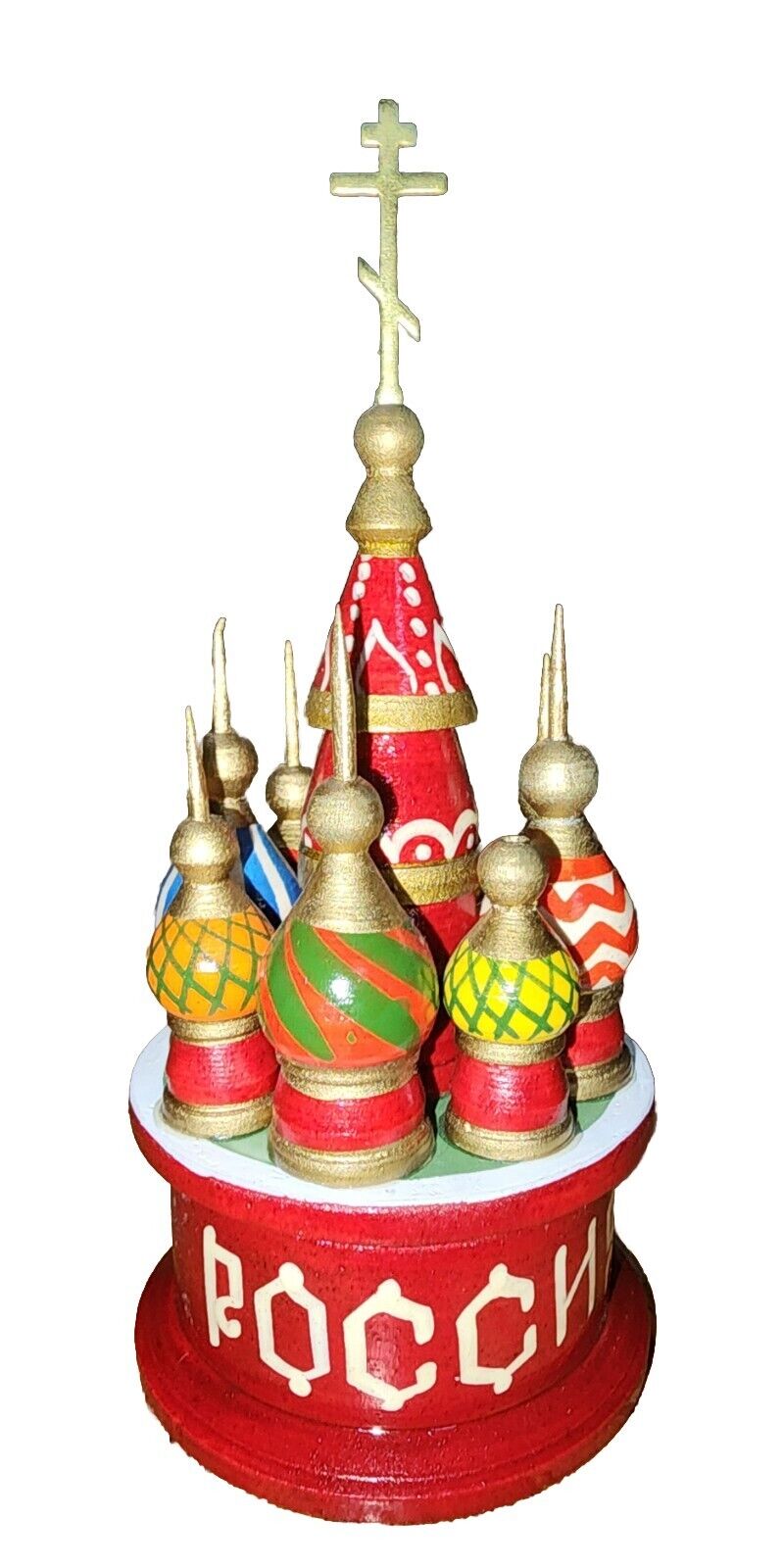 Vtg Small Hand-Made Wood St. Basil\'s Cathedral Figurine Moscow - 5”H x 2.25”Dia