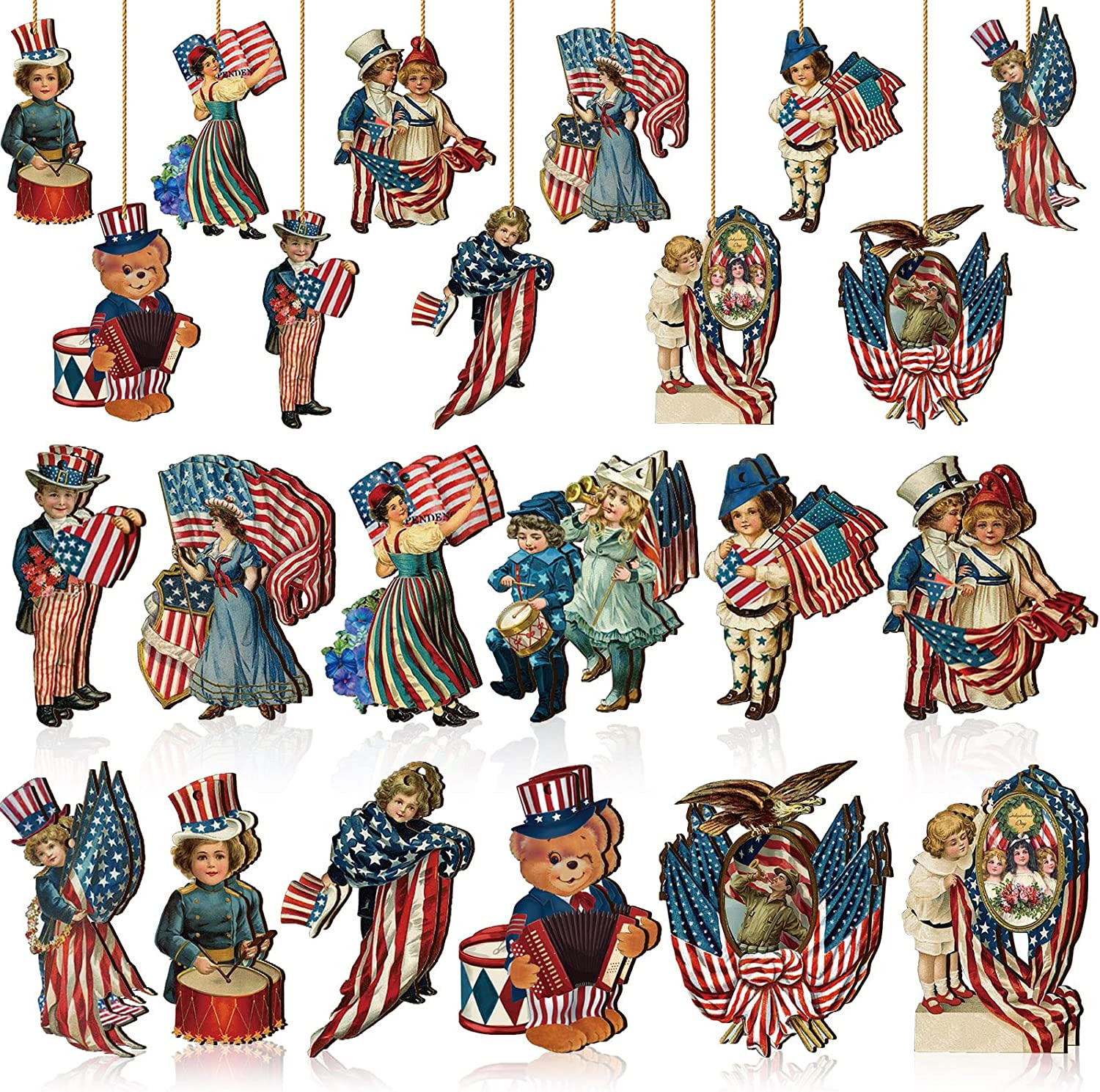 24 Pcs Vintage 4Th of July Ornaments for Tree Wooden Patriotic Ornaments Indepen