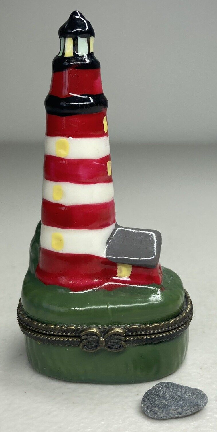 Porcelain Lighthouse Hinged Trinket Box With Rock