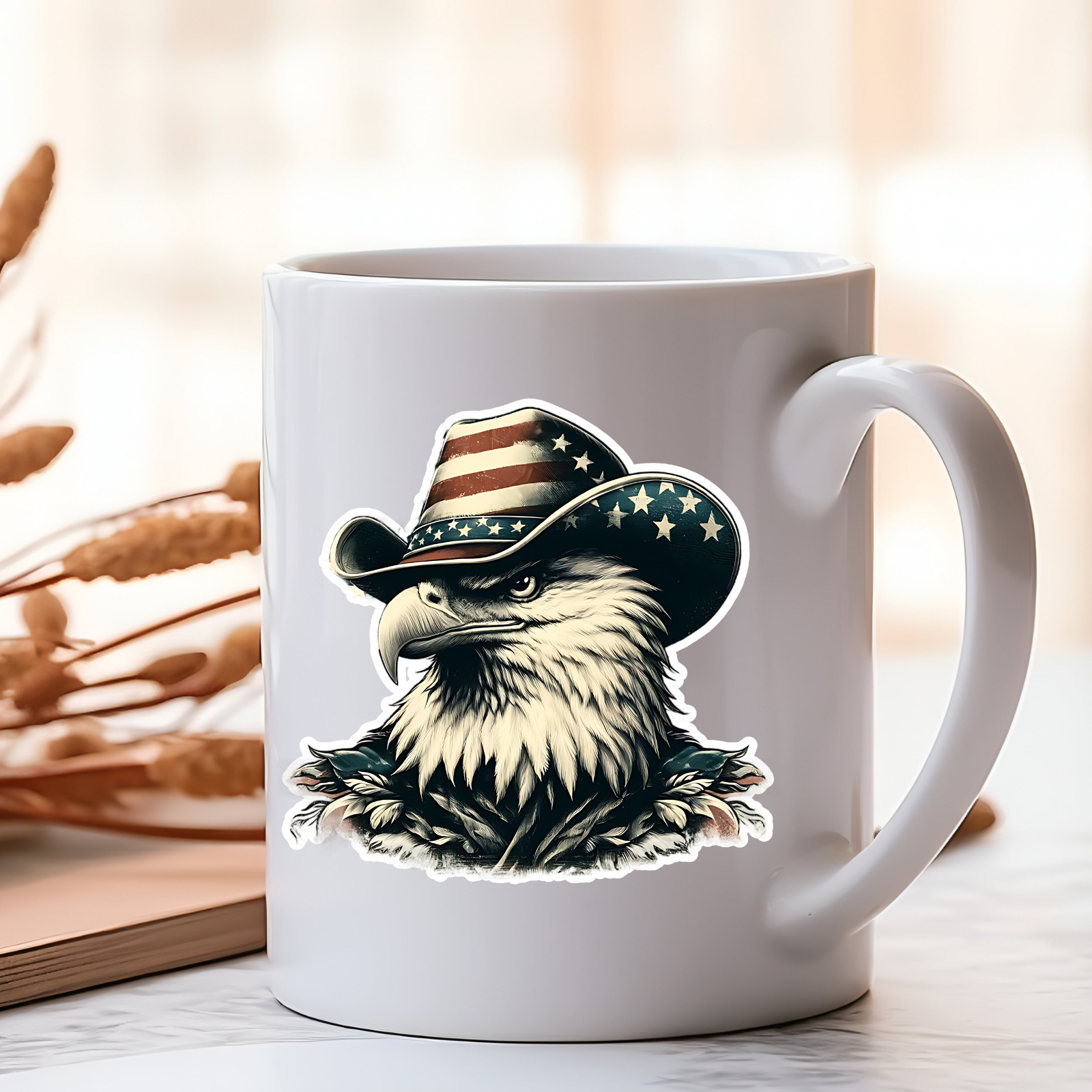 Veteran mug 14 oz ceramic white glaze Eagle American flag cowboy hat freedom 