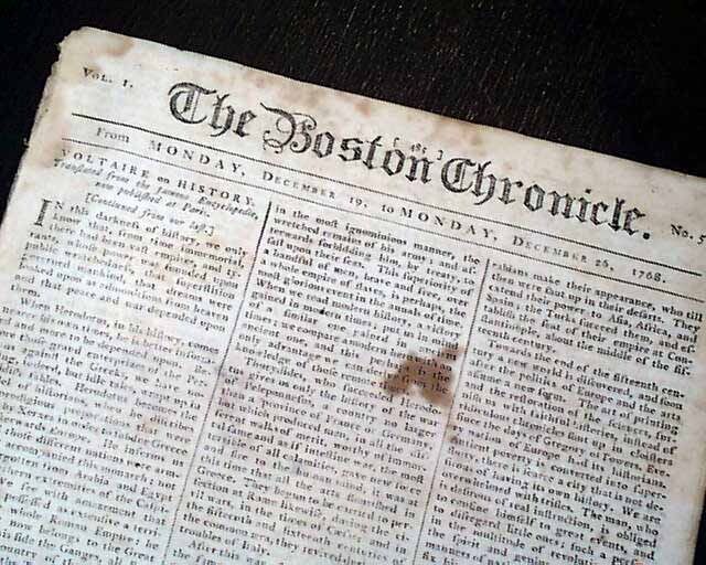Rare 1768 BOSTON Massachusetts Colonial America Pre Revolutionary War Newspaper