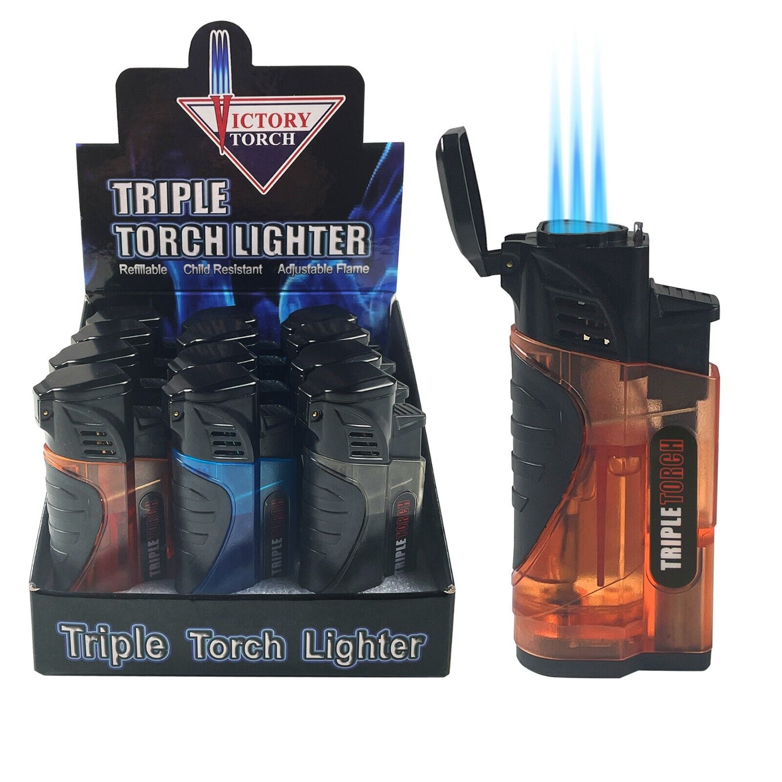12 PACK Triple Jet Torch Lighter Adjustable Flame W/ Cigar Puncher BK