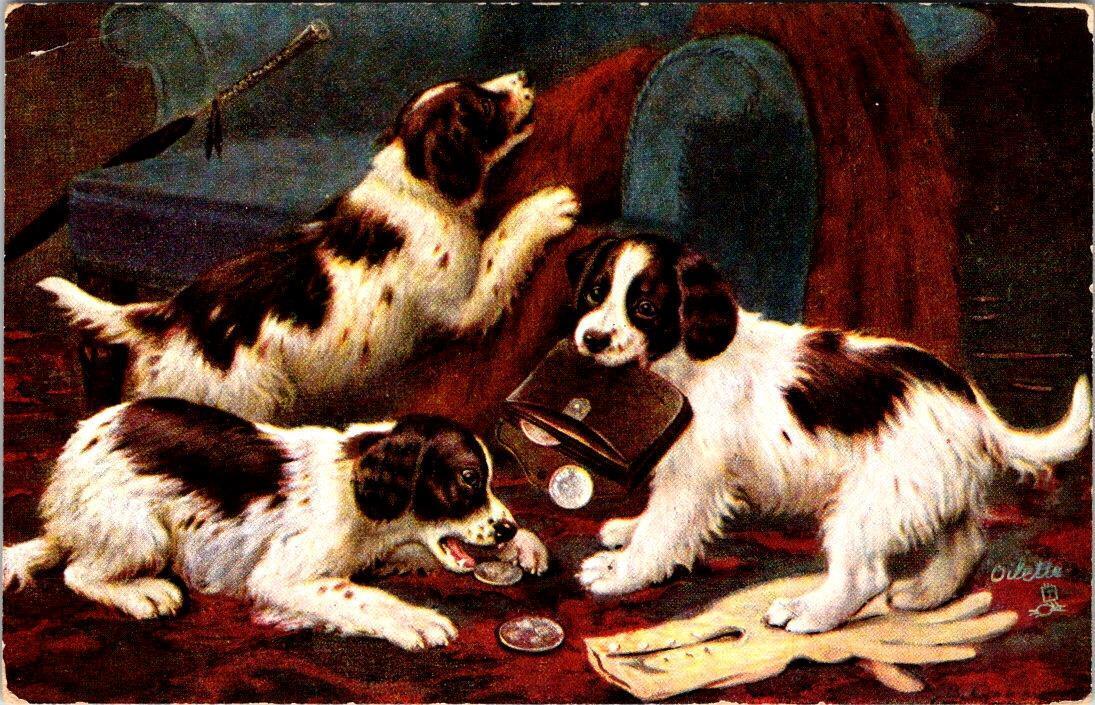 Raphael Tuck's Oilette  A SILVER SHOWER  Spaniel Dogs & Coin Purse 1908 Postcard