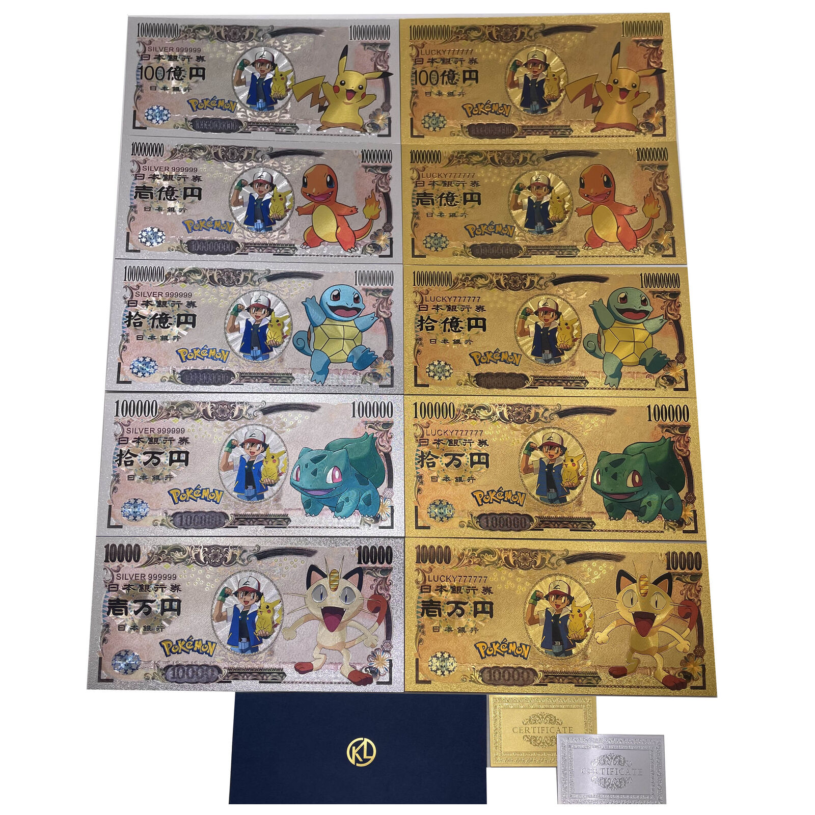 10pcs Pokeeman Cards Set Japan Anime silver plated banknote for collection