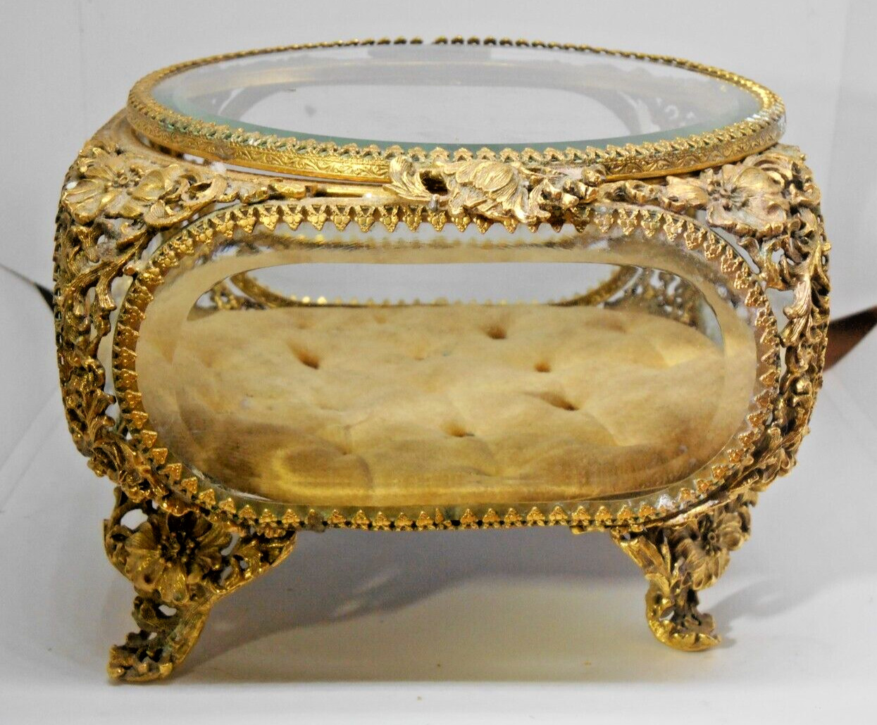 Vintage Matson Ormolu Filigree Floral Jewelry Casket Beveled Glass Gilded