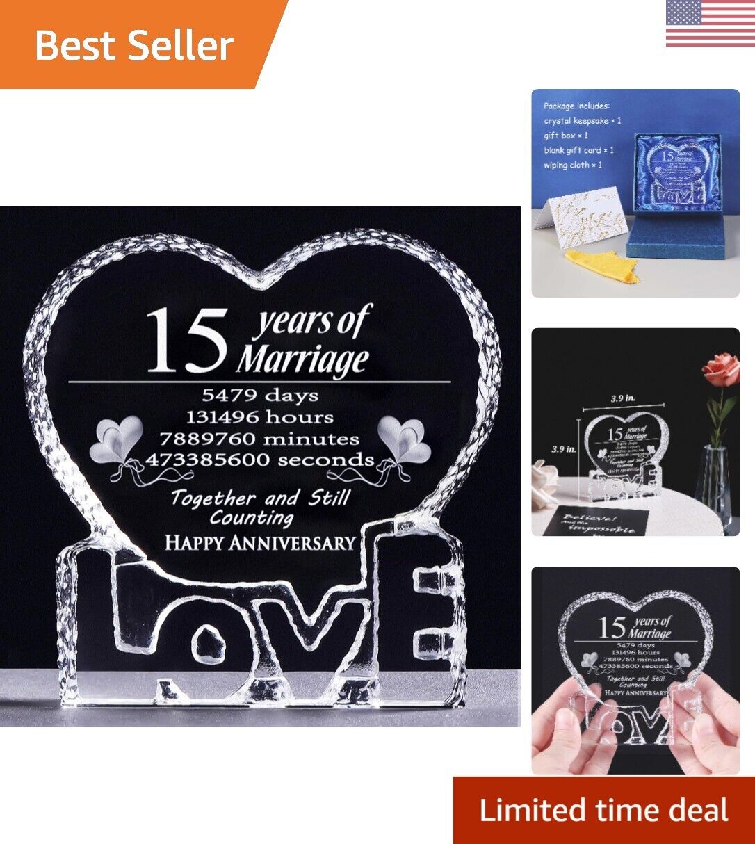 Personalized 15th Anniversary Crystal Paperweight - Meaningful Gift for Her