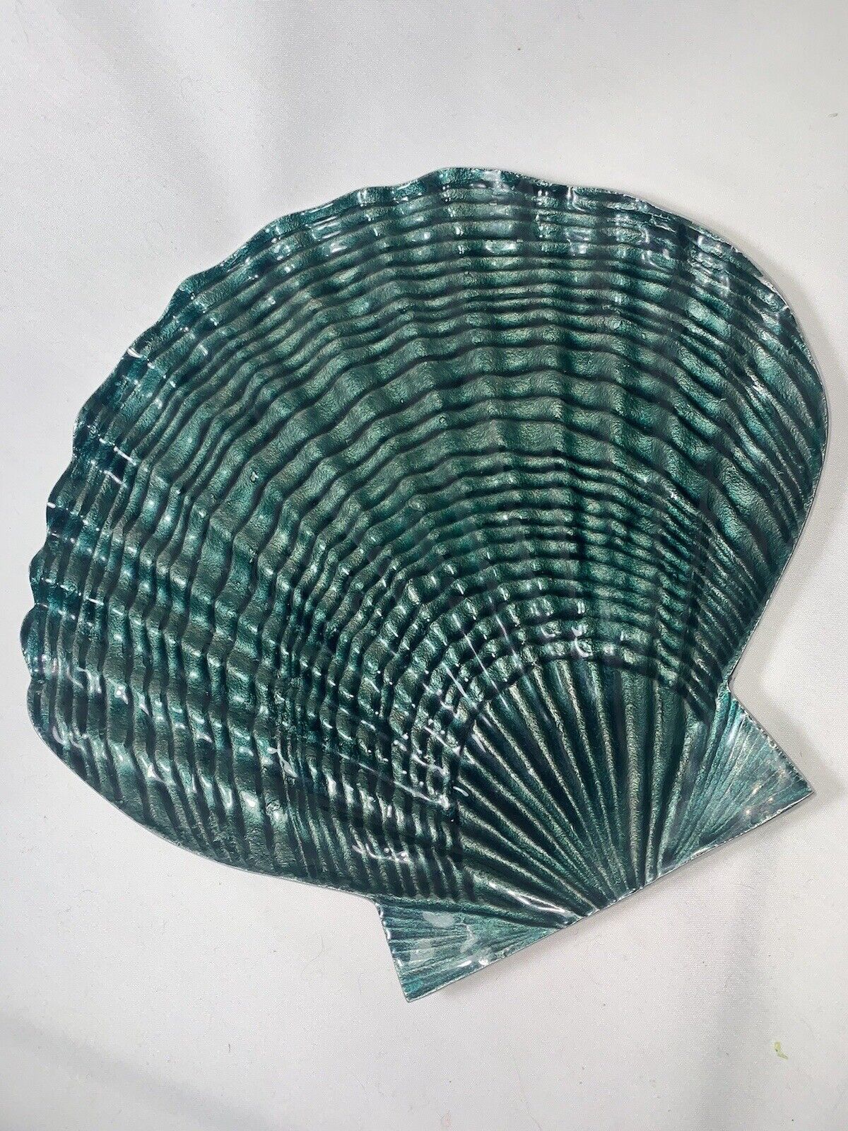 Vintage Teal & Silver Aluminum Scallop Seashell Large Platter/Tray 13\