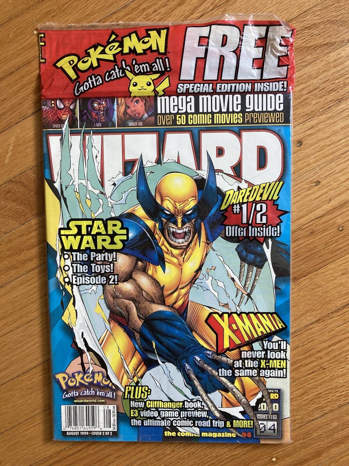 Wizard Magazine august 1999 Issue #96 Wolverine Cover Pokemon Sealed polybag