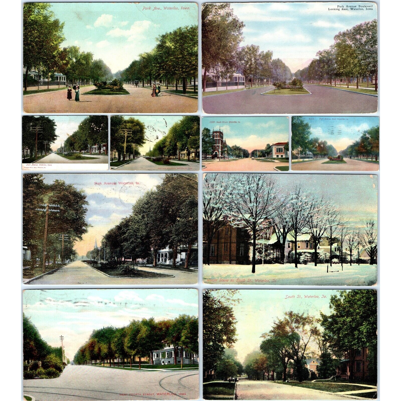 x10 LOT c1910s Waterloo, IA Street View Postcards Park Ave South St West 4th A64