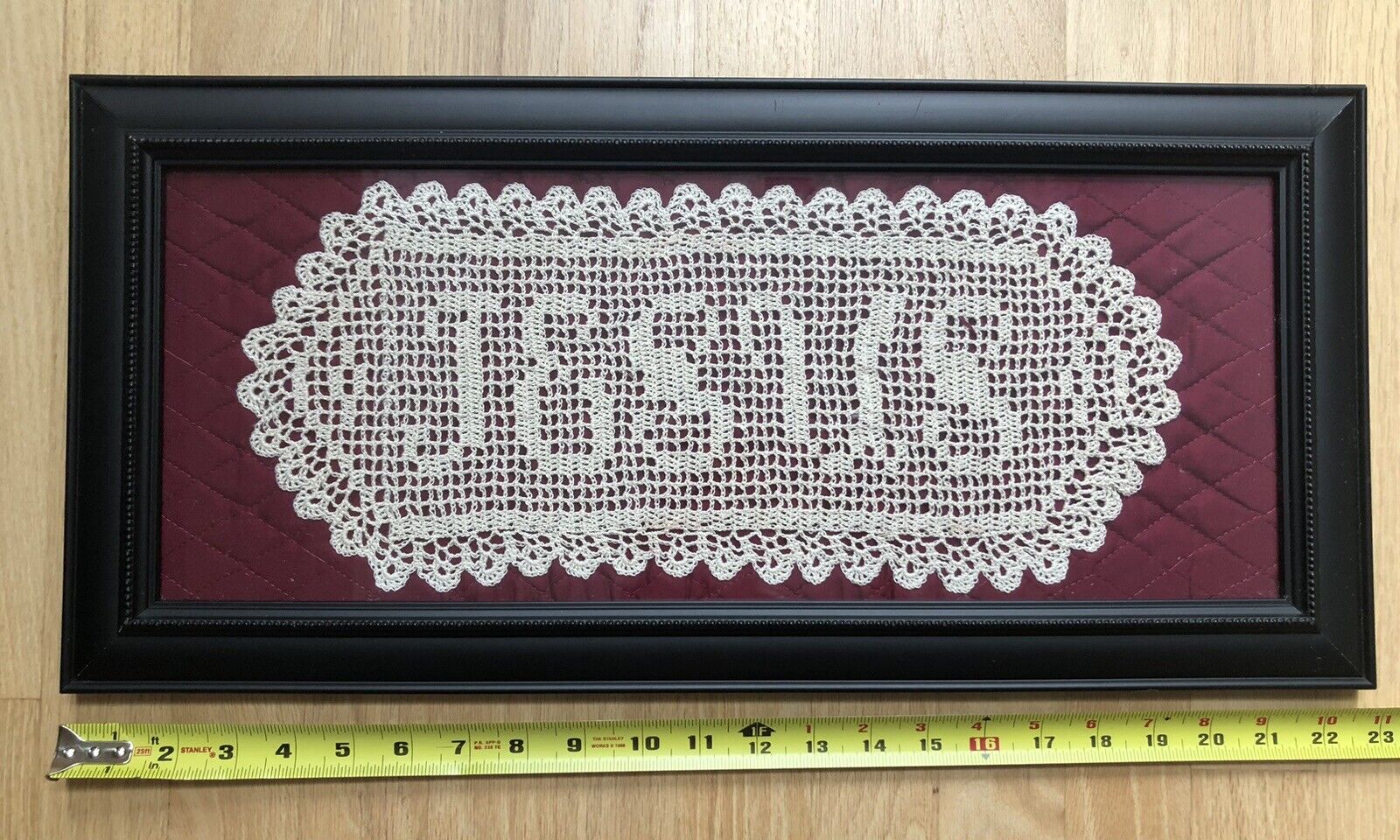 Outstanding Vintage Name of JESUS Crochet Needlework Sampler Motto Acrylic Frame