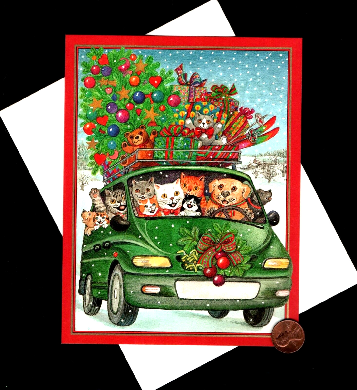 HTF CASPARI Christmas Dogs Cats Teddy Bear Van Tree - Greeting Card W/ TRACKING