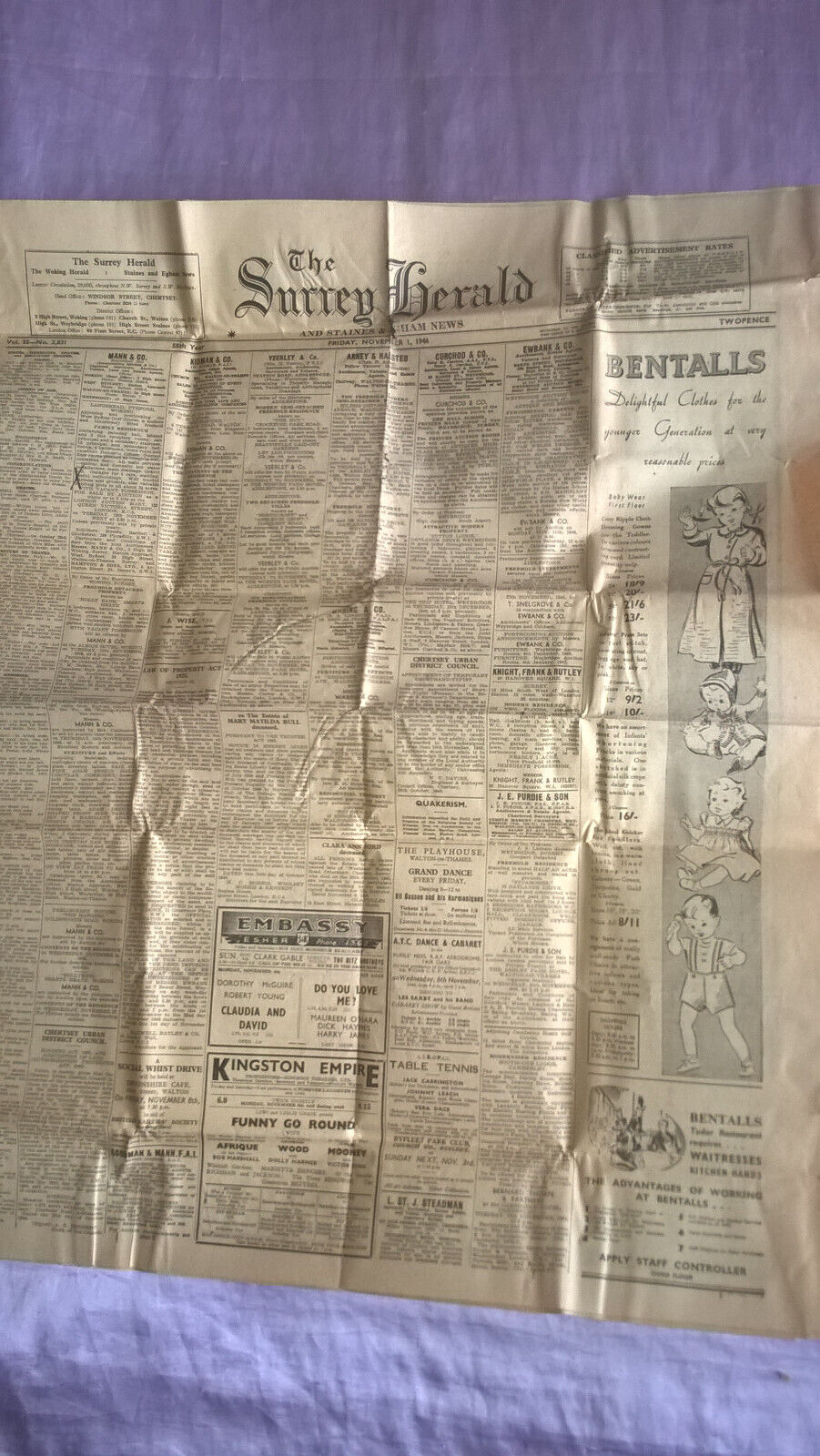 The Surrey Herald Newspaper Nov 1, 1946 Original 24x20 England United Kingdom