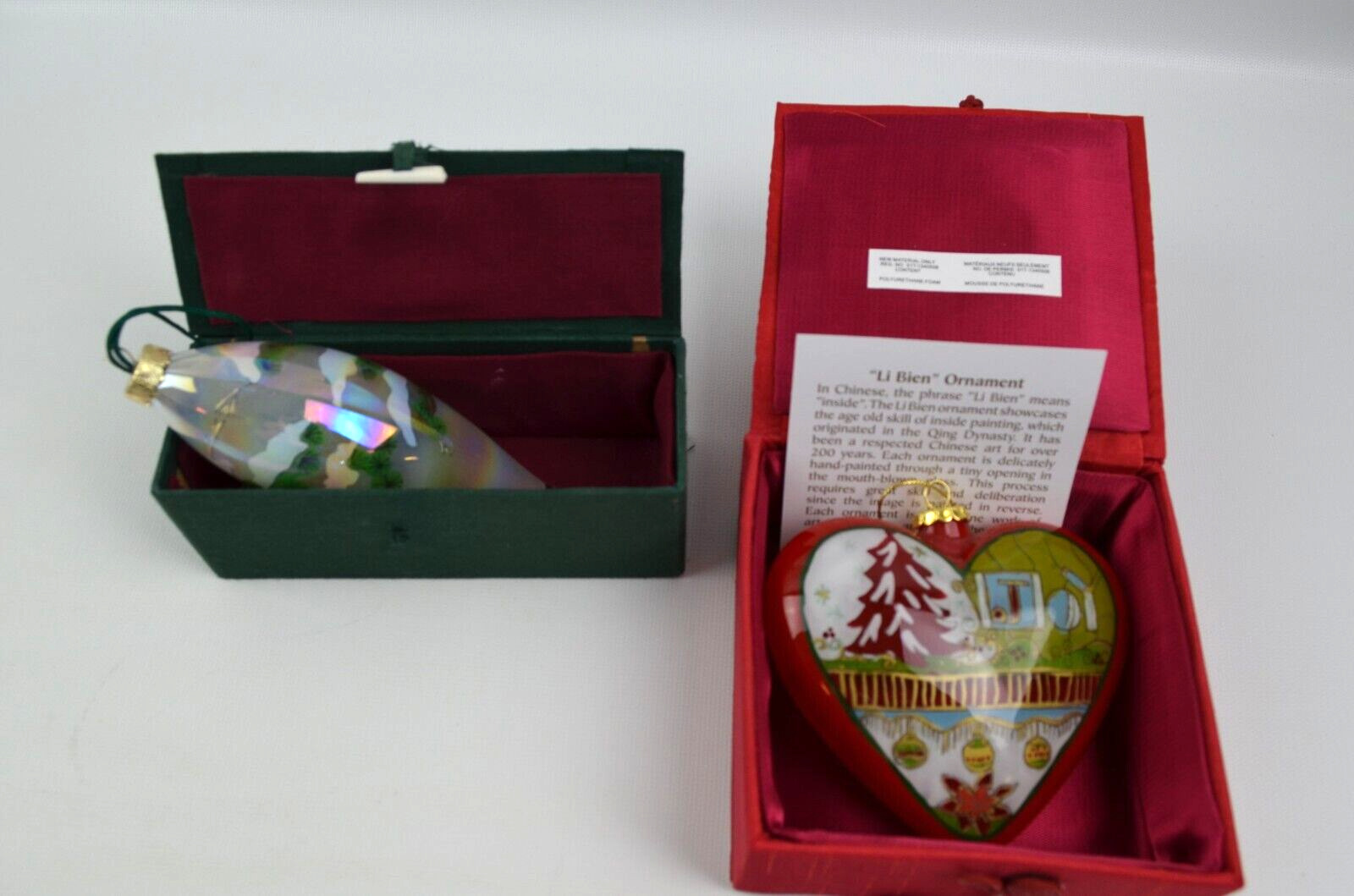 Lot of 2 Li Bien Hand-Painted Glass Christmas Ornaments 1 Is Heart-Shaped 2008