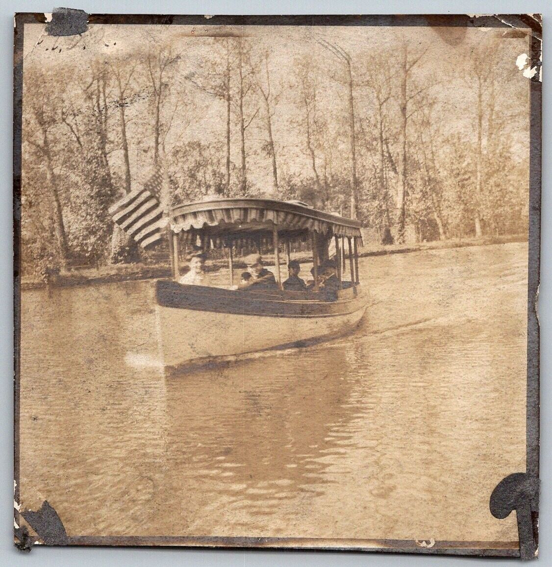c1900 BOAT Original Antique Photograph Pleasure Boat Canopy Flag On River