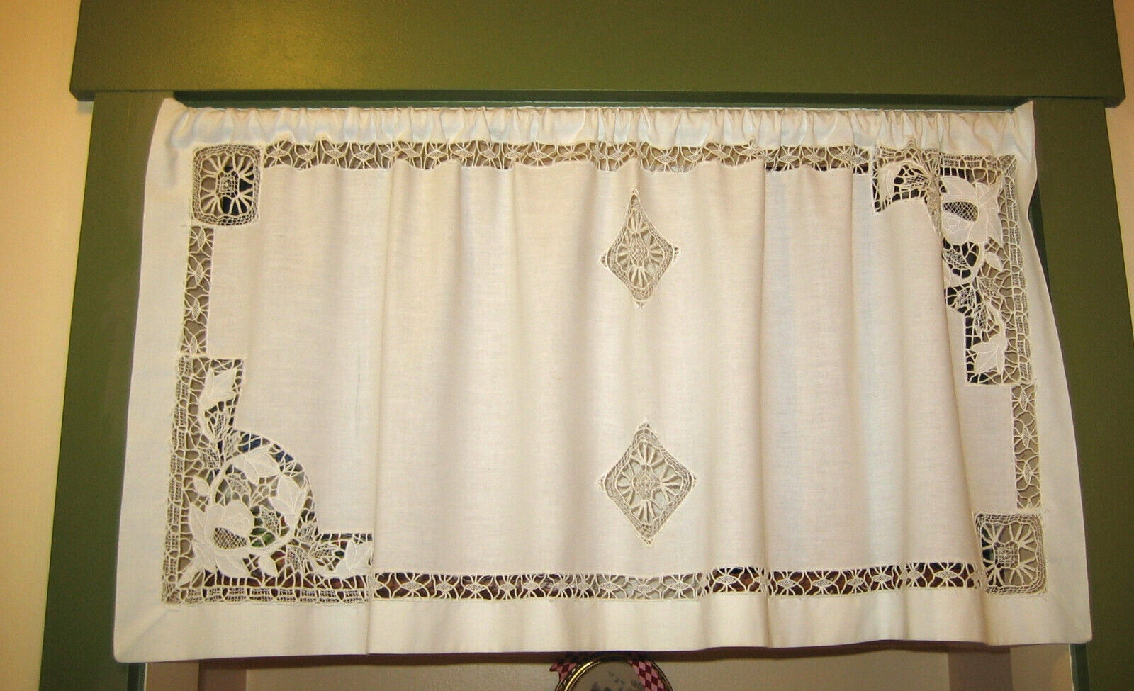 Vintage farmhouse cottagecore shabby chic embroidered floral white cafe curtain