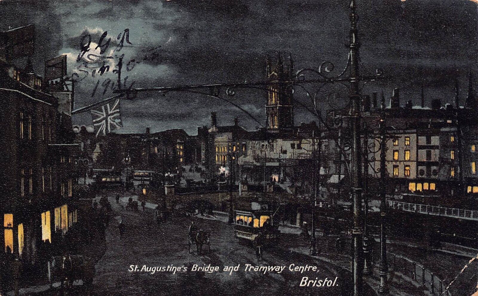 Bristol England St Augustine's Bridge Trolley Tram Depot Night Vtg Postcard D8