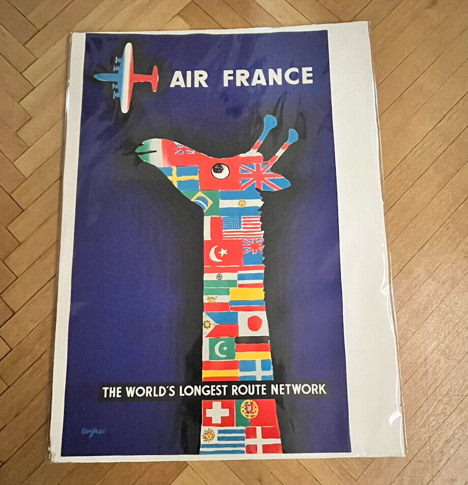 Original Vintage Poster AIR FRANCE THE WORLD\'S LONGEST ROUTE NETWORK Airline -VG