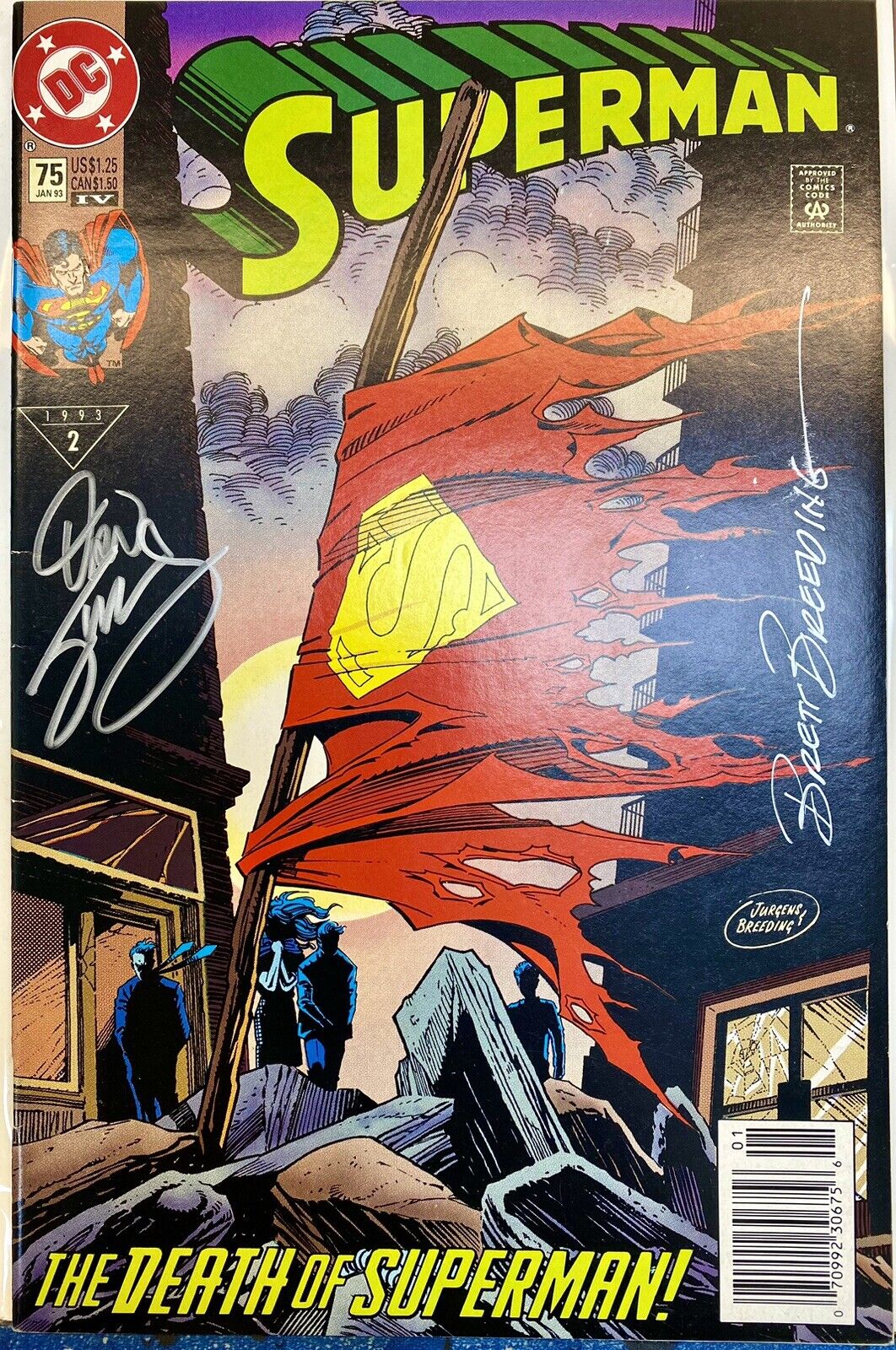 Superman #75 (4th print) Newsstand (signed Dan Jurgens & Brett Breeding) w/COA