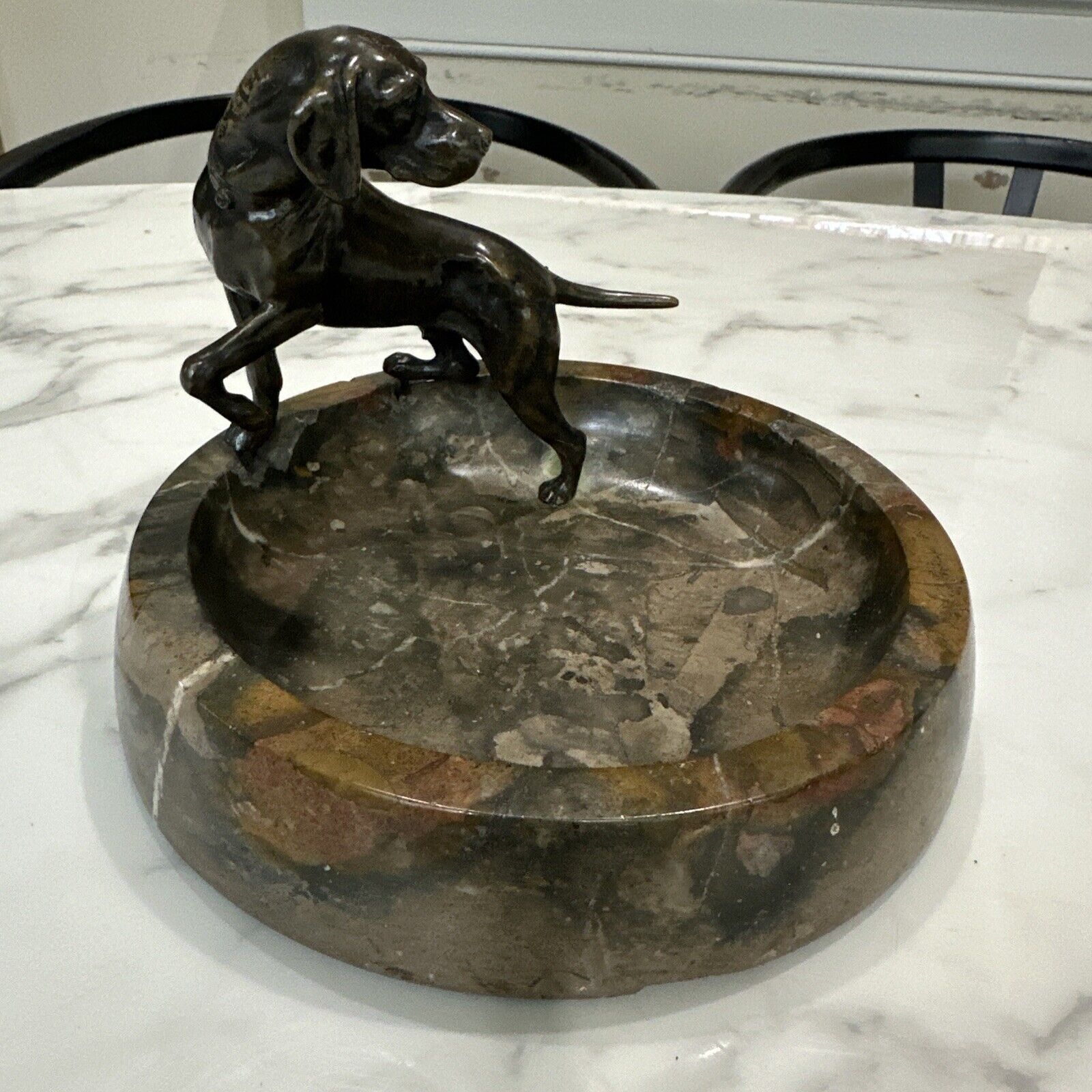 19th Century Bronze Hunting Dog And Marble Cigar Ashtray As Is 