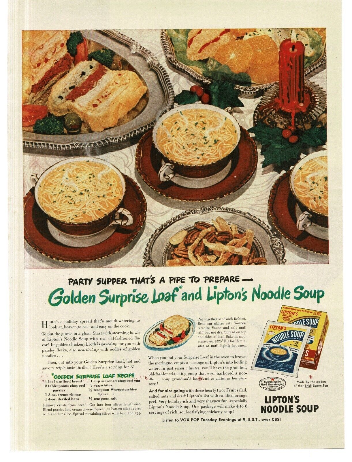 1946 Lipton\'s Noodle Soup with Golden Surprise Loaf recipe Vintage Print Ad