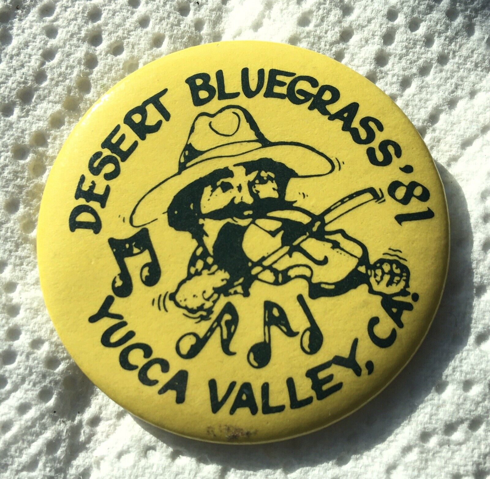 1981 Desert Bluegrass Yucca Valley, CA. Yellow Pinback Button