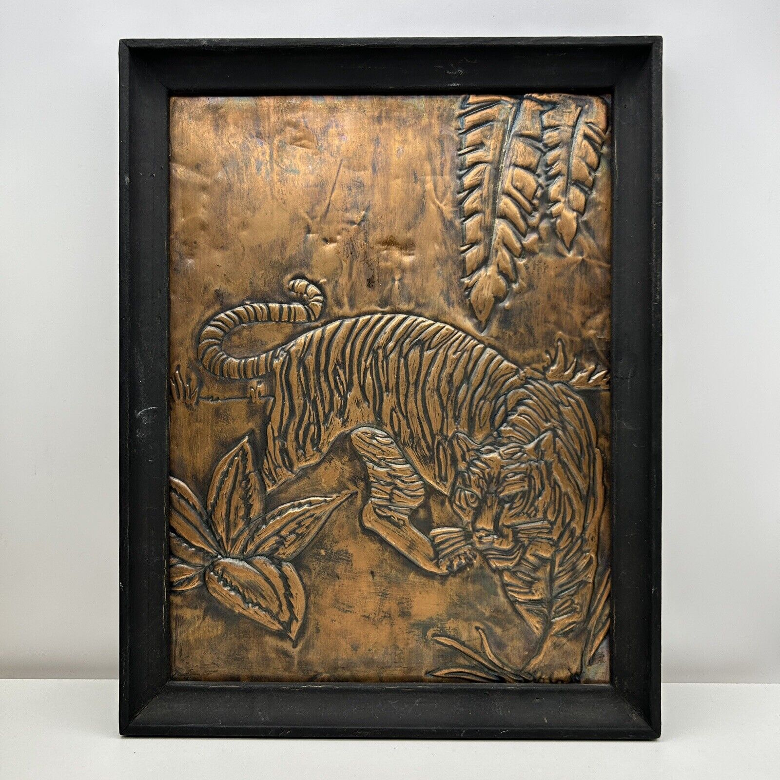 Vintage Framed Pressed Copper Relief Tiger Wall Art Big Cat
