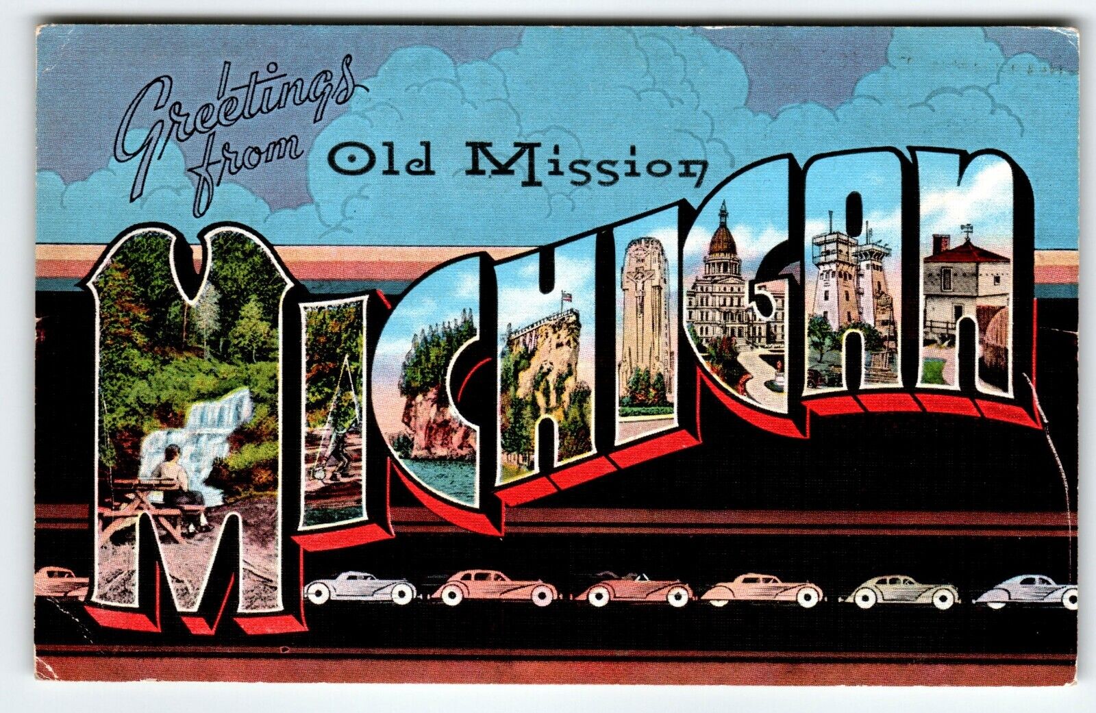 Greetings From Old Mission Michigan Large Letter Postcard Linen 1940 Automobiles