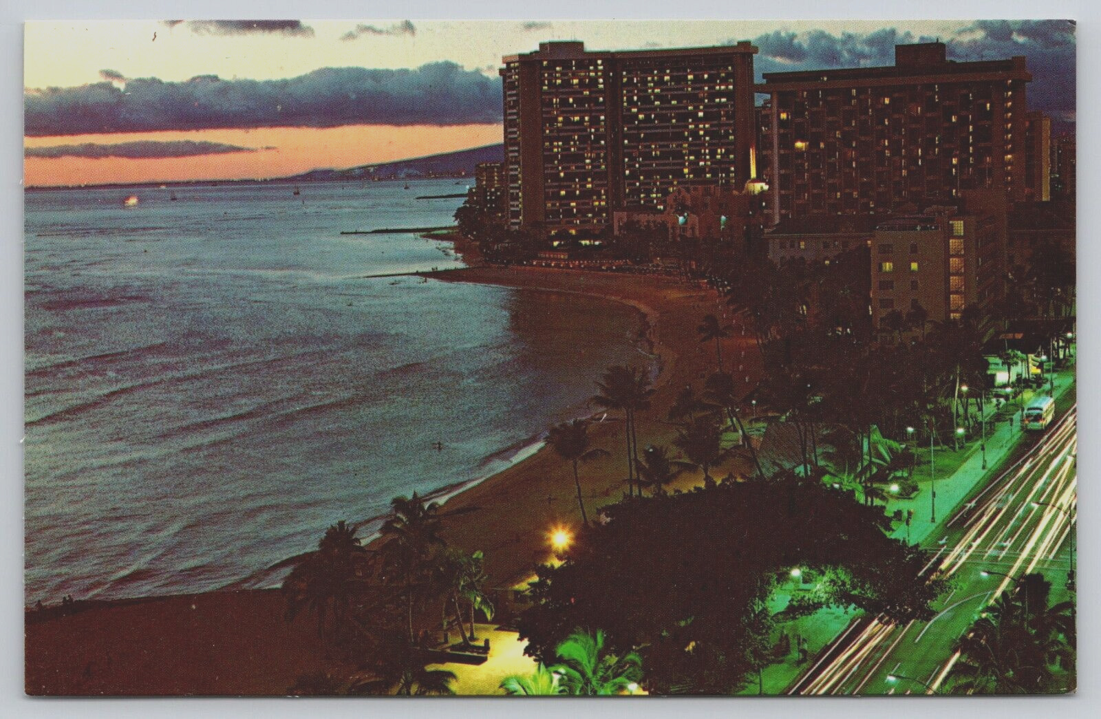 Sunset View Waikiki Beach Kalakaua Avenue Hotels Hawaii HI c1960s Postcard B5