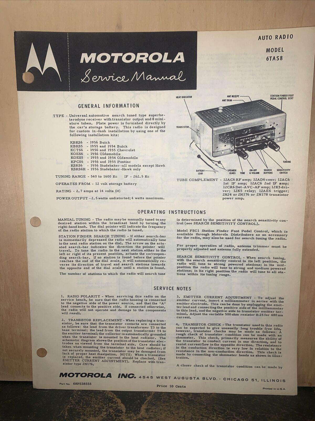 Motorola Auto Radio Model 6TAS8 Service Manual, Schematics.