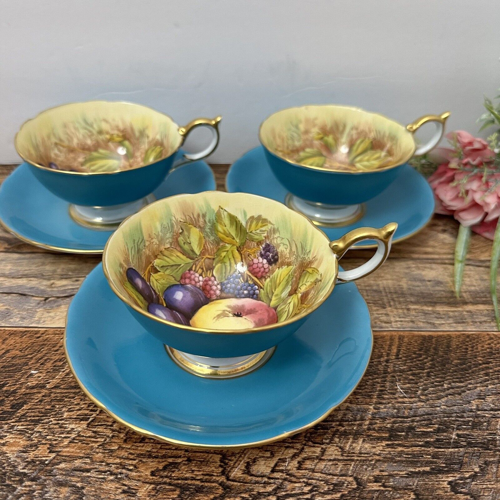 Aynsley England - Gold Border Fruit Turquoise Tea Set - 3 Cups and 3 Saucers